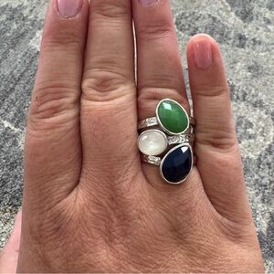 Premier Designs Silver 3 Ring Set with Green, White, and Blue Stones Like New
